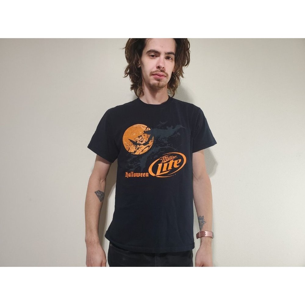 Halloween Miller Lite Black Orange Bat T Shirt Jerzees Mens Size M